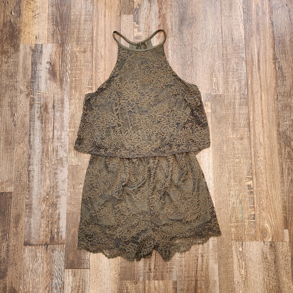 Francesca's Blue Rain Green Lace Romper